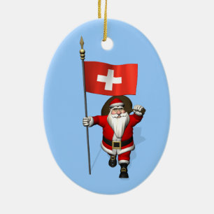 Santa Claus With Ensign Of Switzerland Ceramic Tree Decoration