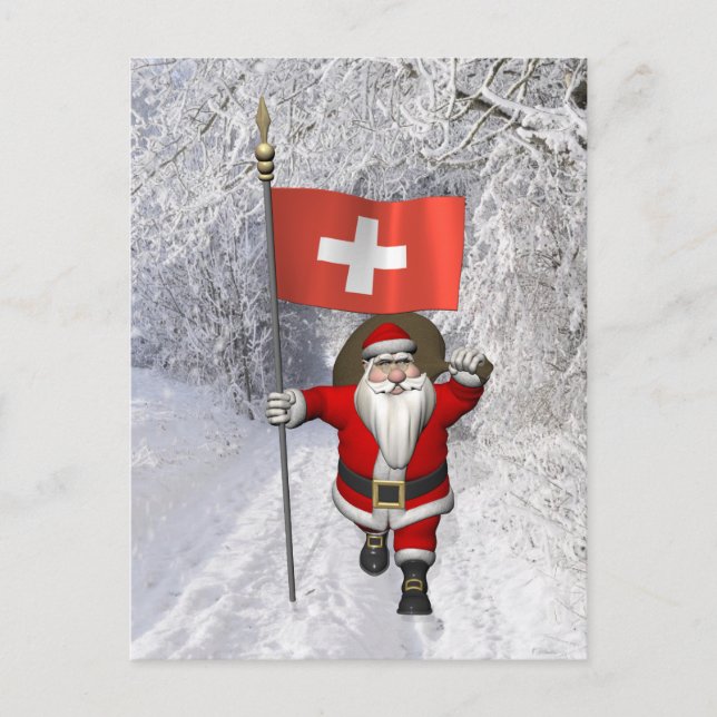 Santa Claus With Ensign Of Switzerland Holiday Postcard (Front)