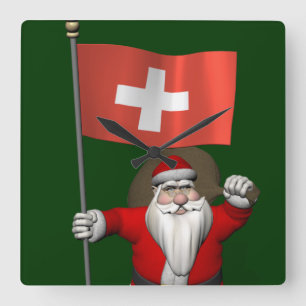 Santa Claus With Ensign Of Switzerland Square Wall Clock