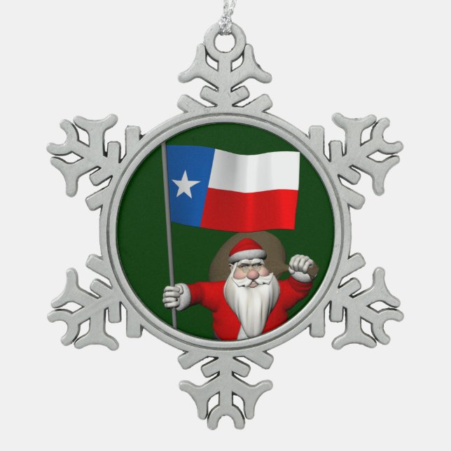 Santa Claus With Ensign Of Texas Snowflake Pewter Christmas Ornament (Front)