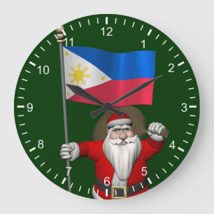 Santa Claus With Ensign Of The Philippines Large Clock