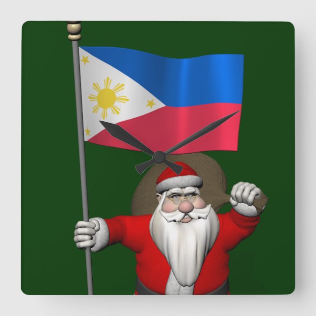 Santa Claus With Ensign Of The Philippines Square Wall Clock (Front)