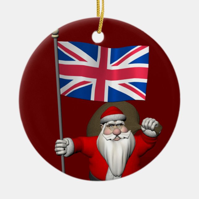 Santa Claus With Ensign Of The UK Ceramic Tree Decoration (Front)