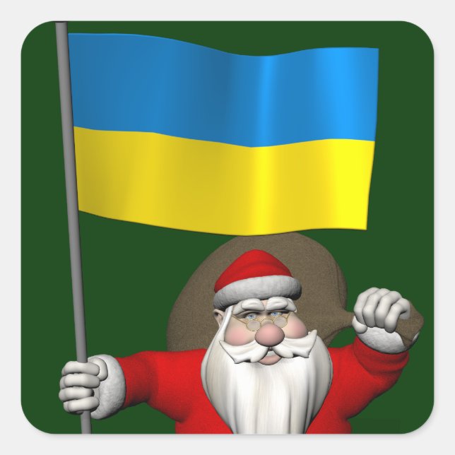 Santa Claus With Ensign Of The Ukraine Square Sticker (Front)