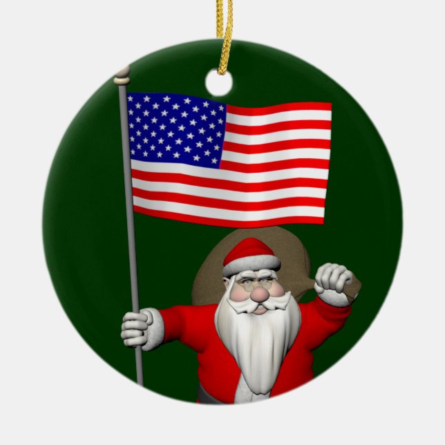 Santa Claus With Ensign Of The USA Ceramic Tree Decoration (Front)