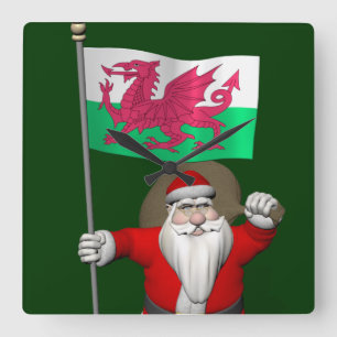 Santa Claus With Ensign Of Wales Square Wall Clock