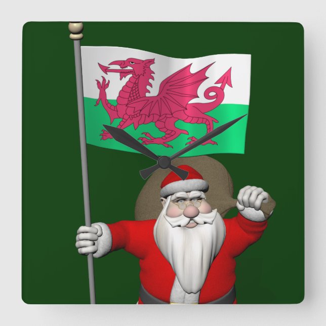 Santa Claus With Ensign Of Wales Square Wall Clock (Front)