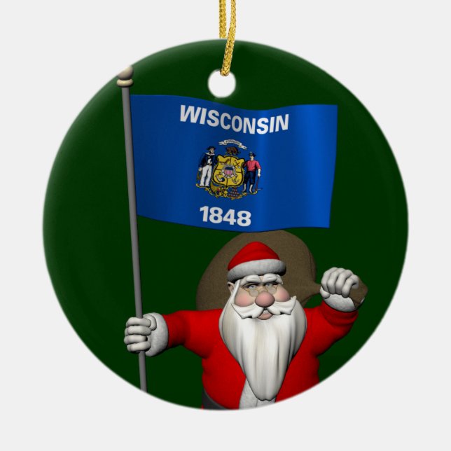 Santa Claus With Ensign Of Wisconsin Ceramic Tree Decoration (Front)