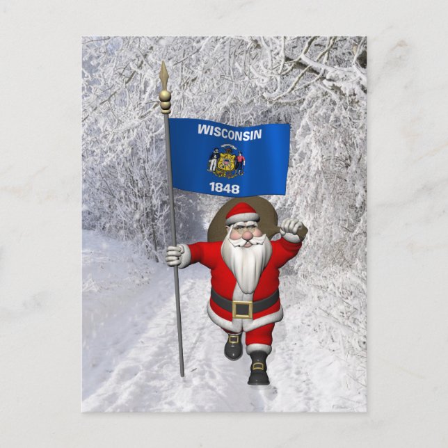 Santa Claus With Ensign Of Wisconsin Holiday Postcard (Front)