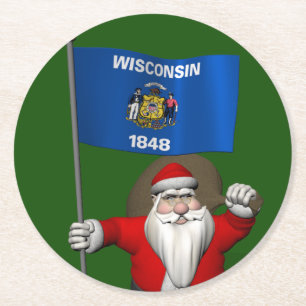 Santa Claus With Ensign Of Wisconsin Round Paper Coaster