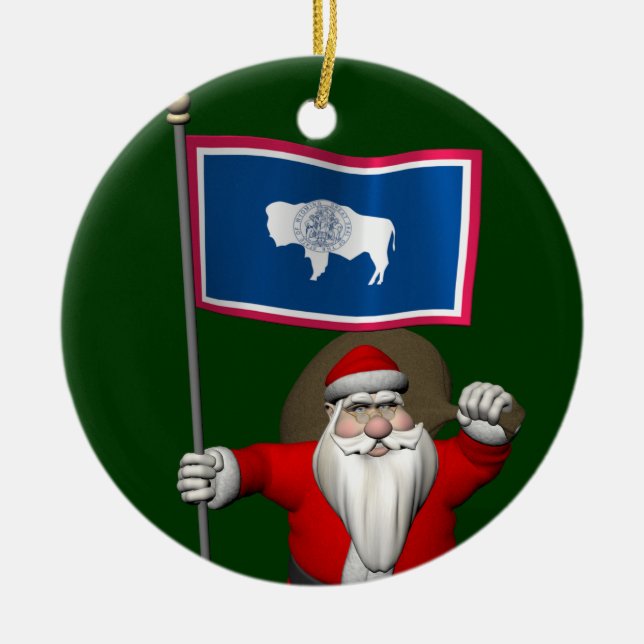 Santa Claus With Ensign Of Wyoming Ceramic Tree Decoration (Front)