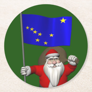 Santa Claus With Flag Of Alaska Round Paper Coaster
