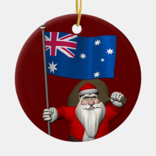 Santa Claus With Flag Of Australia Ceramic Tree Decoration (Front)