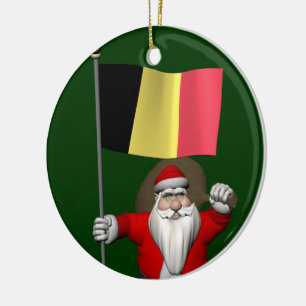 Santa Claus With Flag Of Belgium Ceramic Tree Decoration