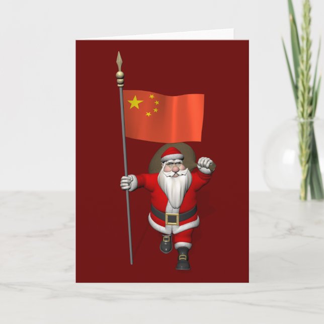 Santa Claus With Flag Of China Holiday Card (Front)
