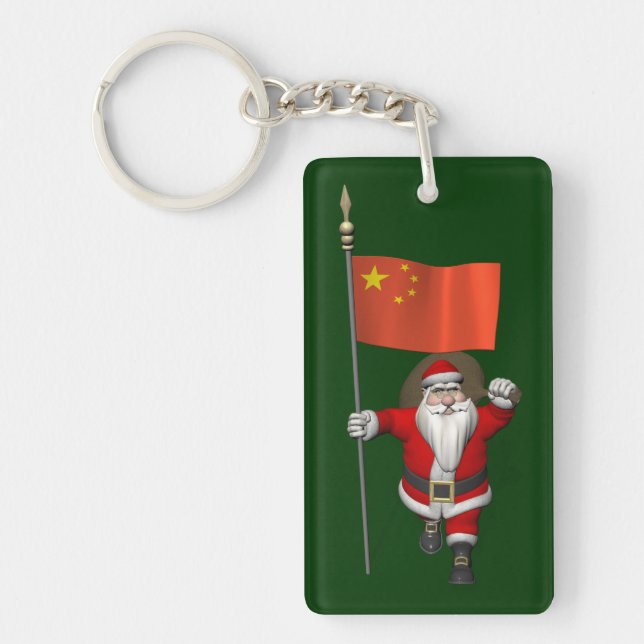 Santa Claus With Flag Of China Key Ring (Front)