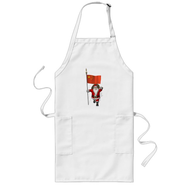Santa Claus With Flag Of China Long Apron (Front)