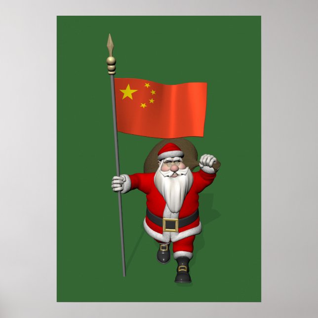 Santa Claus With Flag Of China Poster (Front)