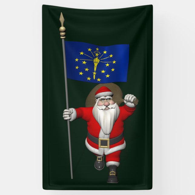 Santa Claus With Flag Of Indiana Banner (Vertical)