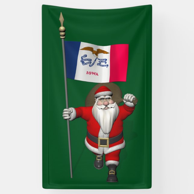 Santa Claus With Flag Of Iowa Banner (Vertical)