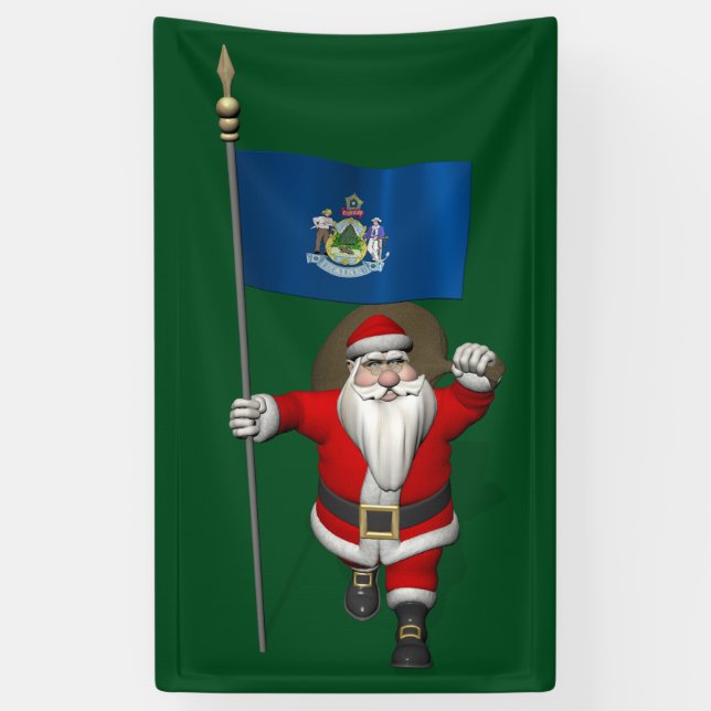 Santa Claus With Flag Of Maine Banner (Vertical)