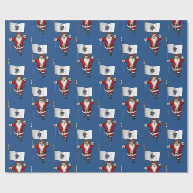 Santa Claus With Flag Of Massachusetts Wrapping Paper (Flat)