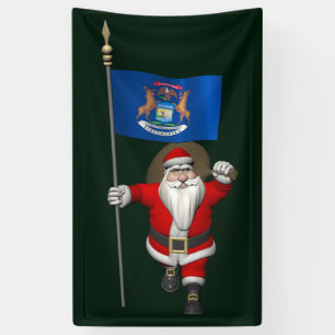 Santa Claus With Flag Of Michigan Banner