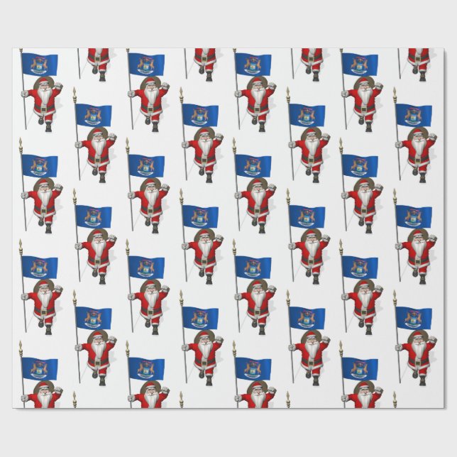 Santa Claus With Flag Of Michigan Wrapping Paper (Flat)