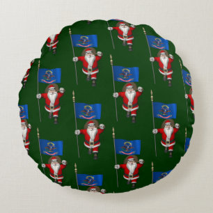 Santa Claus With Flag Of North Dakota Round Cushion