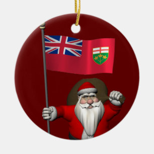 Santa Claus With Flag Of Ontario CDN Ceramic Tree Decoration