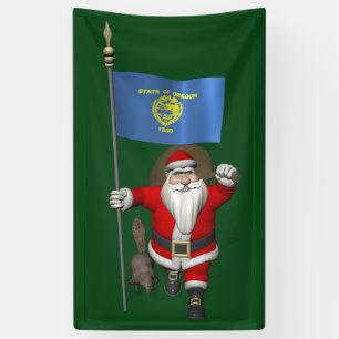 Santa Claus With Flag Of Oregon And Beaver Banner
