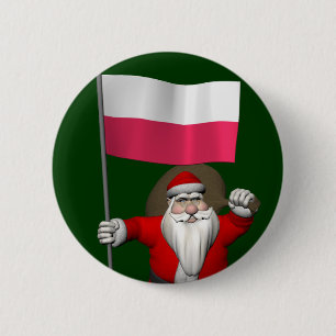 Santa Claus With Flag Of Poland 6 Cm Round Badge