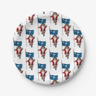 Santa Claus With Flag Of South Carolina Paper Plate