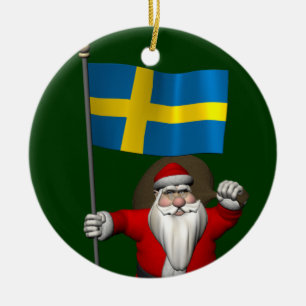 Santa Claus With Flag Of Sweden Ceramic Tree Decoration