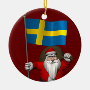 Santa Claus With Flag Of Sweden Ceramic Tree Decoration