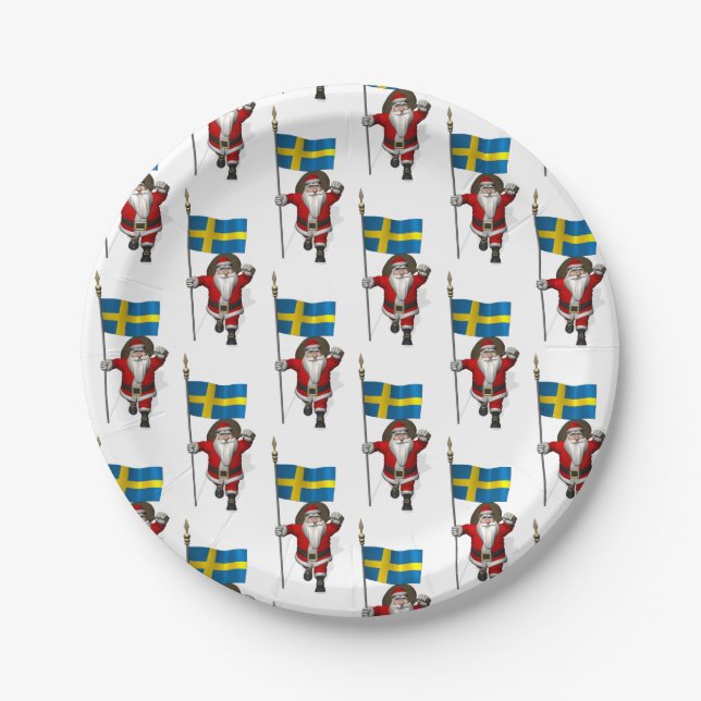 Santa Claus With Flag Of Sweden Paper Plate (Front)