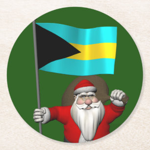 Santa Claus With Flag Of The Bahamas Round Paper Coaster
