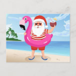 Santa Claus with flamingo inflatable ring Postcard<br><div class="desc">santa claus flamingo christmas, 
cheerful tropic lifestyle pink , 
man colourful sunglasses bird , 
drawing animal merry funny , 
swim party vacation ocean, 
sea cute inflatable tropical , 
beach happy cartoon summer, 
illustration holiday , 
christmas santa claus flamingo , </div>