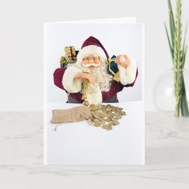 Santa Claus with gifts and money coins Holiday Card (Front)