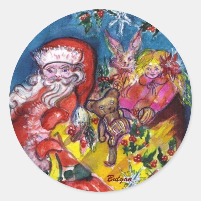 SANTA CLAUS WITH GIFTS CLASSIC ROUND STICKER (Front)