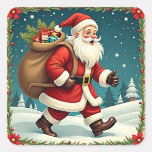 Santa Claus with gifts, snowy forest Christmas Square Sticker