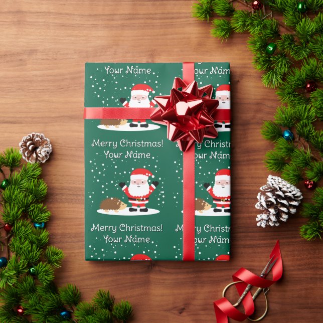 Santa Claus with hedgehog cartoon kid's Christmas Wrapping Paper (Holiday Gift)