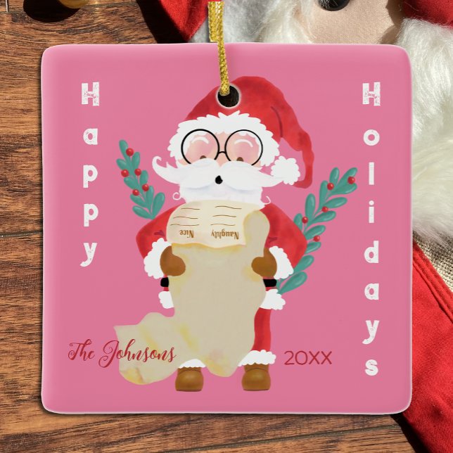 Santa Claus with his List Pink Christmas Ornament (Whimsical Santa holding his list pink square ceramic Christmas ornament (front))