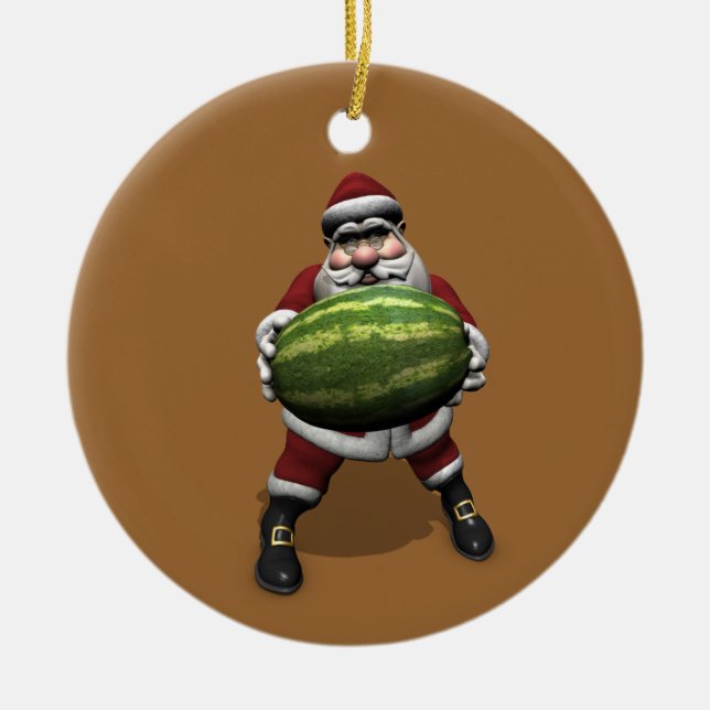 Santa Claus With Huge Watermelon Ceramic Tree Decoration (Front)