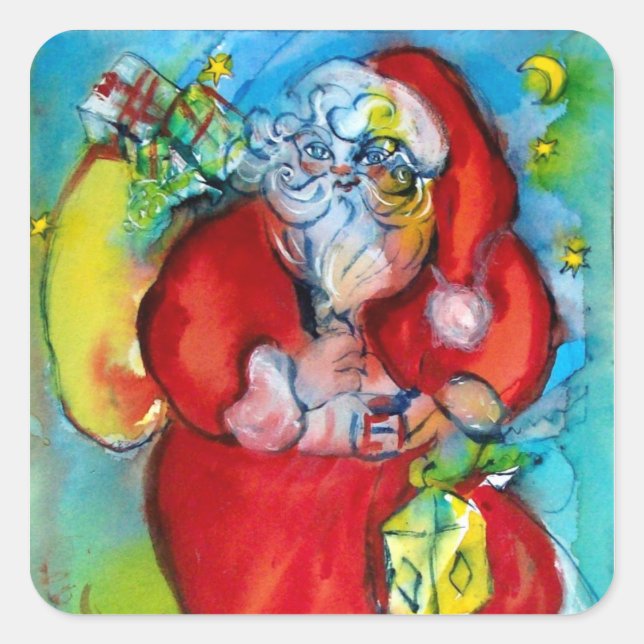SANTA CLAUS  WITH LANTERN IN THE CHRISTMAS NIGHT SQUARE STICKER (Front)