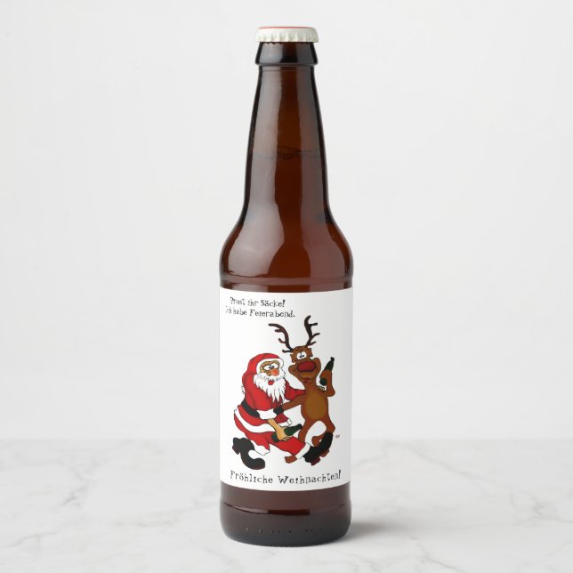 Santa Claus with moose - Happy Christmas Beer Bottle Label (Front)