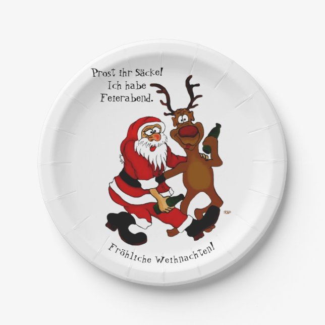 Santa Claus with moose - Happy Christmas Paper Plate (Front)