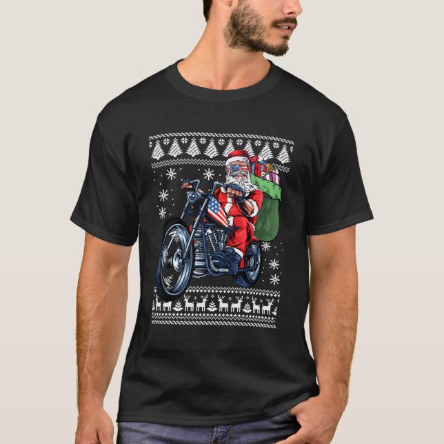 Santa Claus With Motorcycle Tree Ugly T-Shirt (Front)