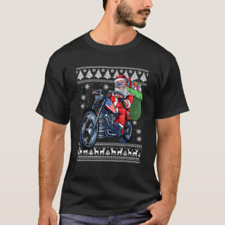 Santa Claus With Motorcycle Xmas Tree Ugly Christm T-Shirt