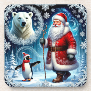 Santa Claus With Polar Bear And Penguin Coaster